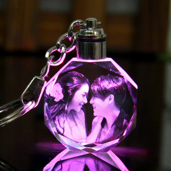 Laser Carve Crystal Keychain Photo Colorful LED